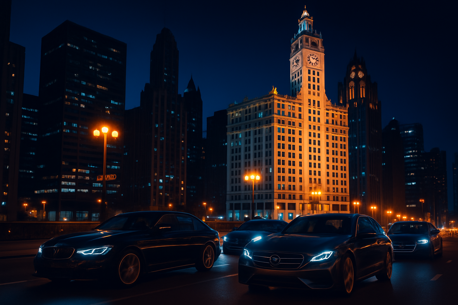 Luxury cars driving past Chicago's iconic architecture at night