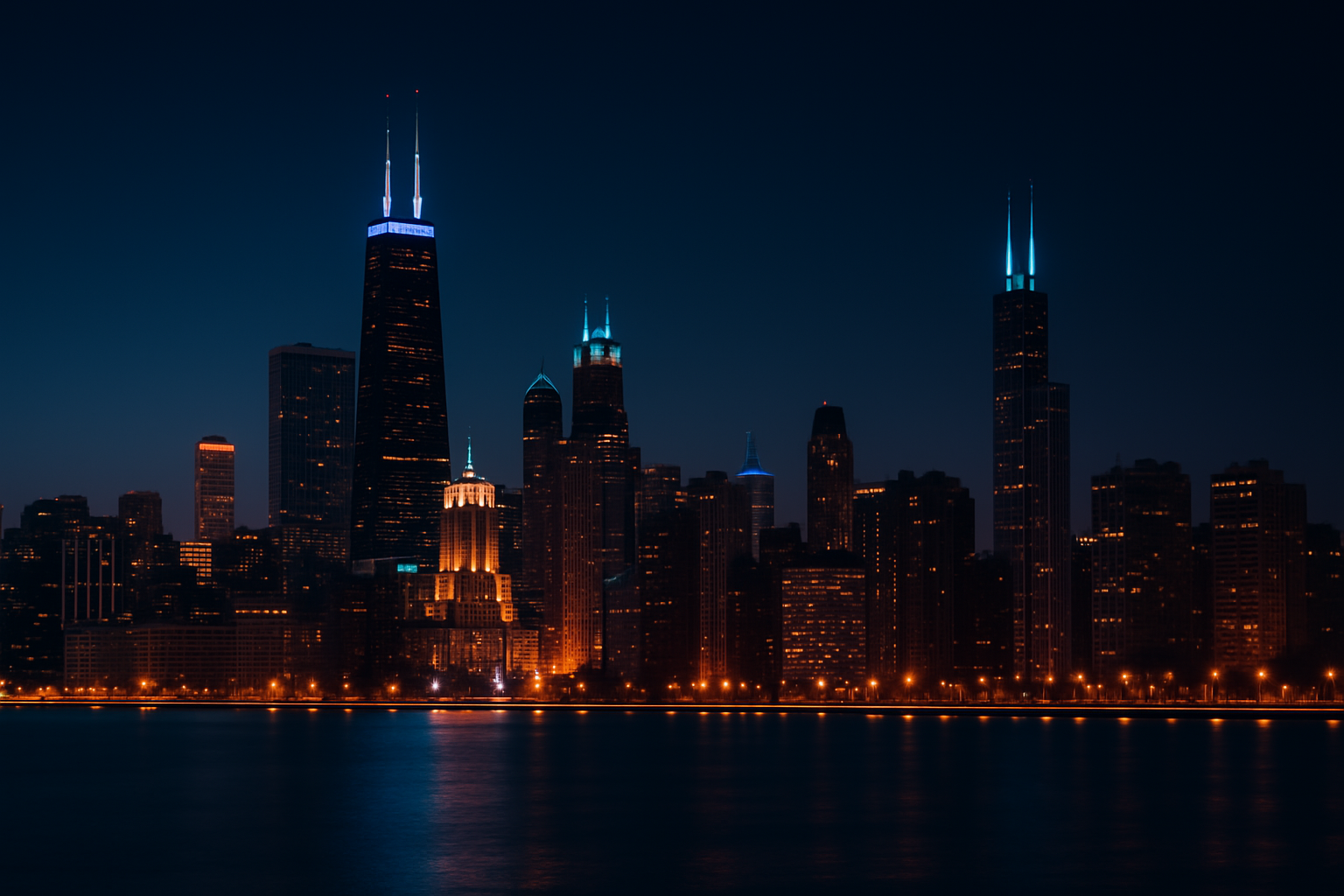Chicago skyline at night with illuminated skyscrapers