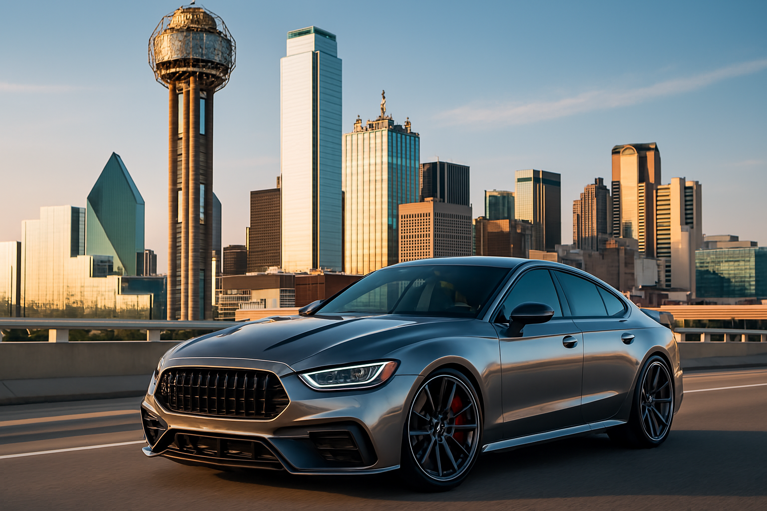 Iconic view of Dallas with a luxury car
