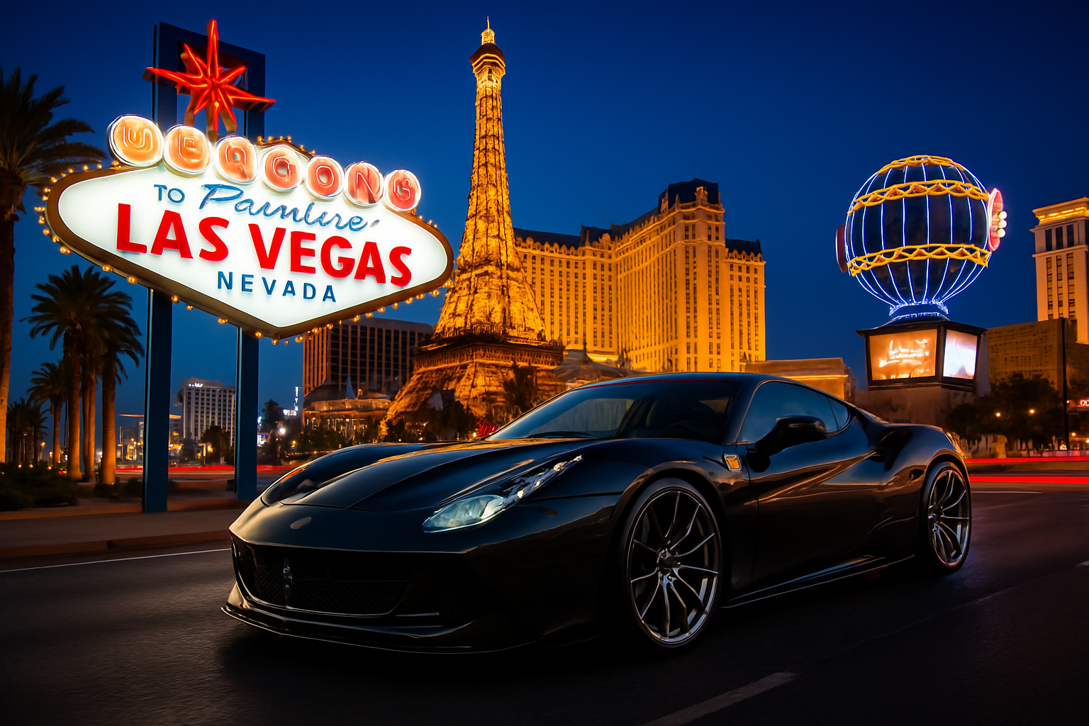 Iconic view of Las Vegas with a luxury car
