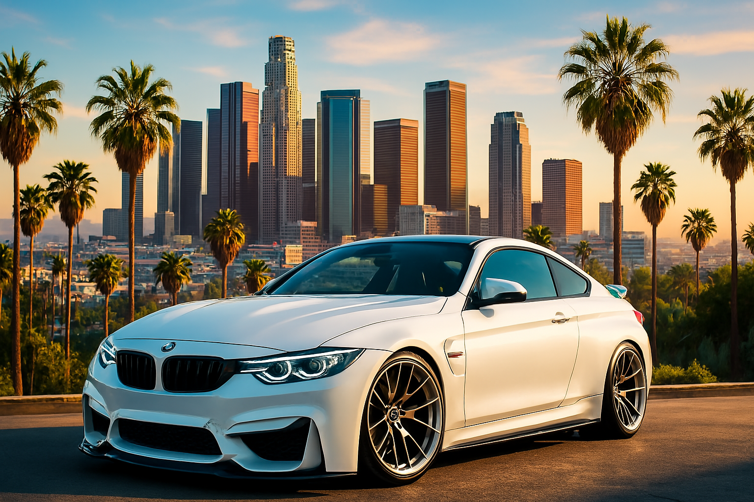 Iconic view of Los Angeles with a luxury car