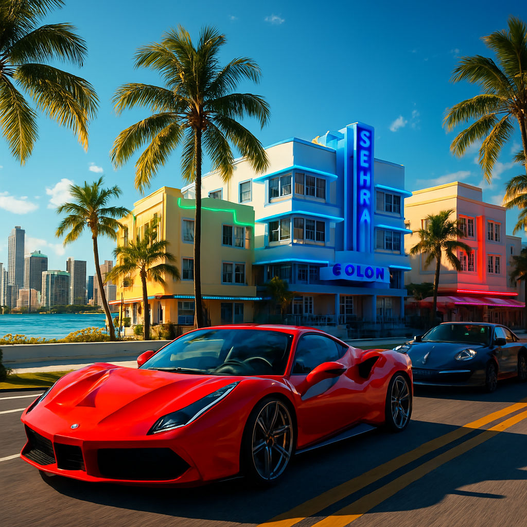 Iconic view of Miami with a luxury car