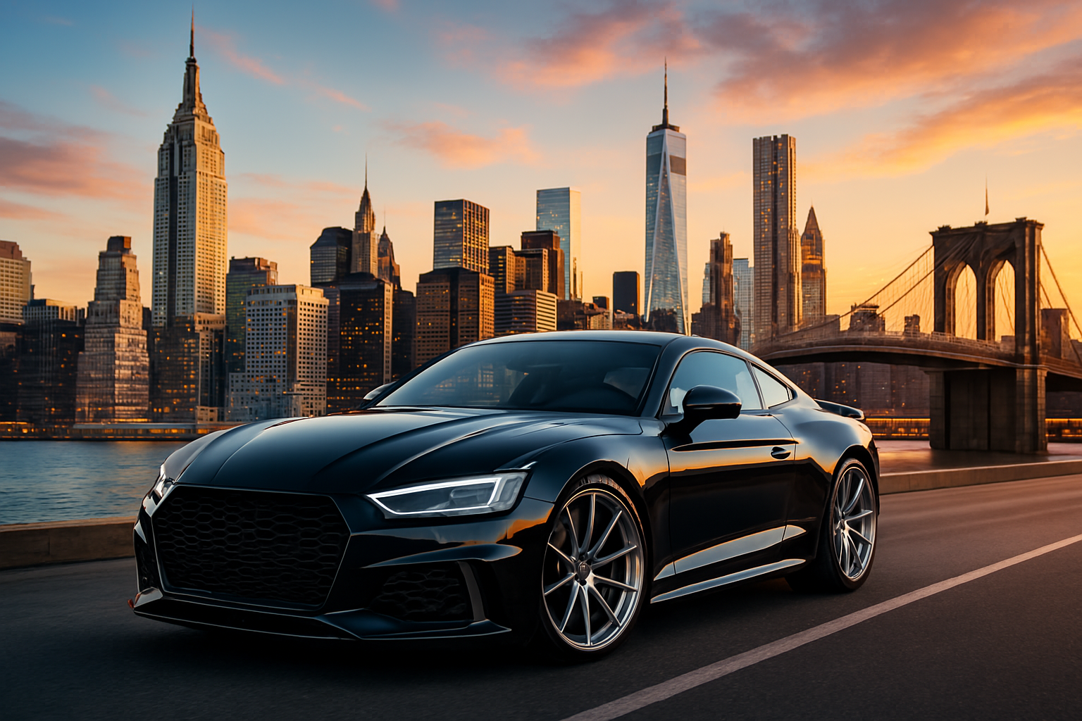 Iconic view of New York City with a luxury car