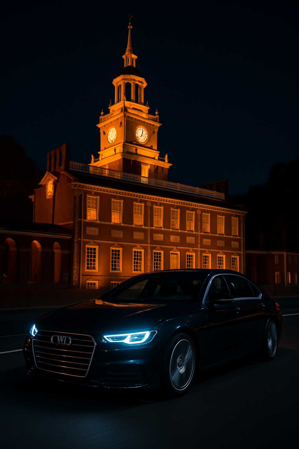 Luxury European car driving past Philadelphia's historic Independence Hall at night