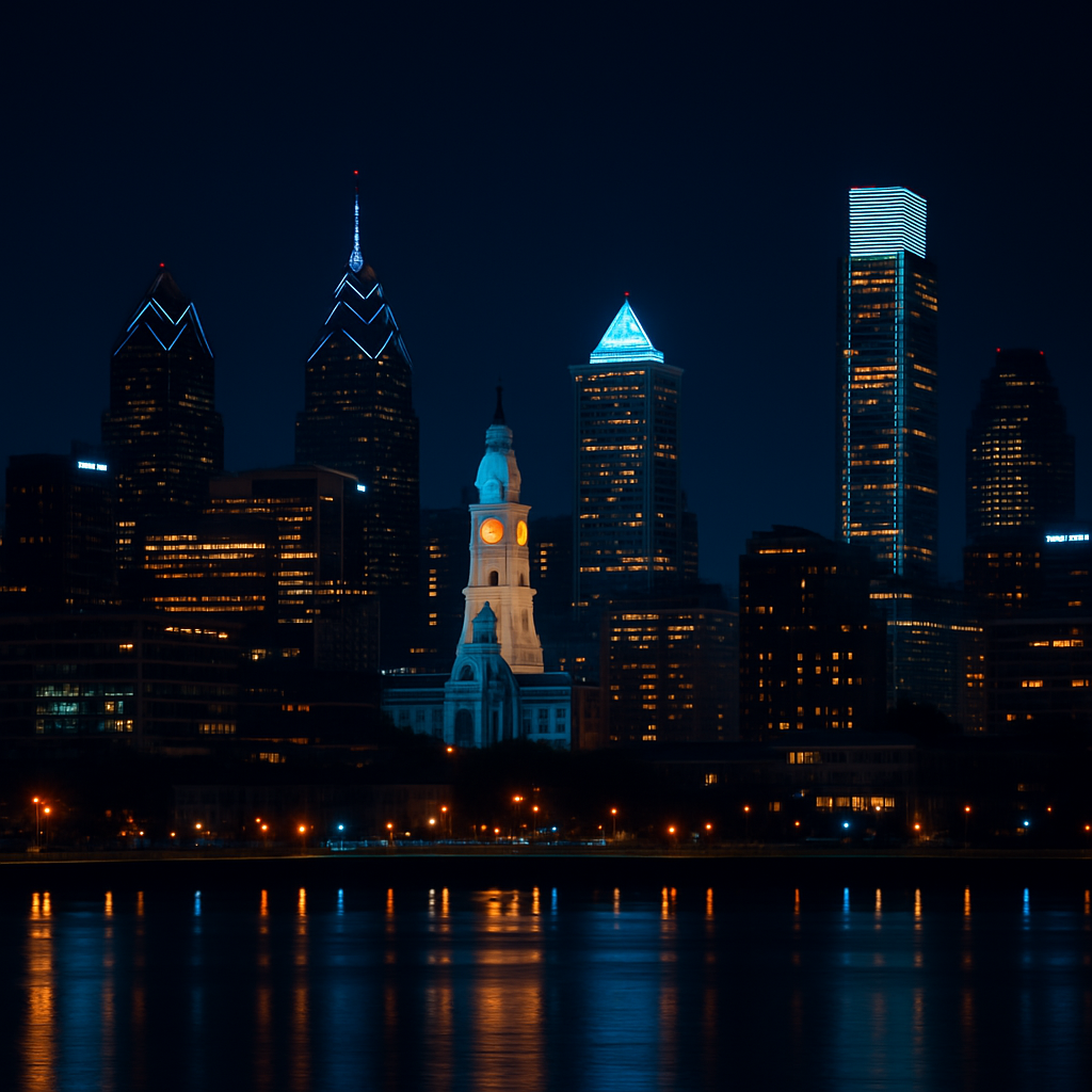 Philadelphia skyline at night with illuminated skyscrapers and City Hall