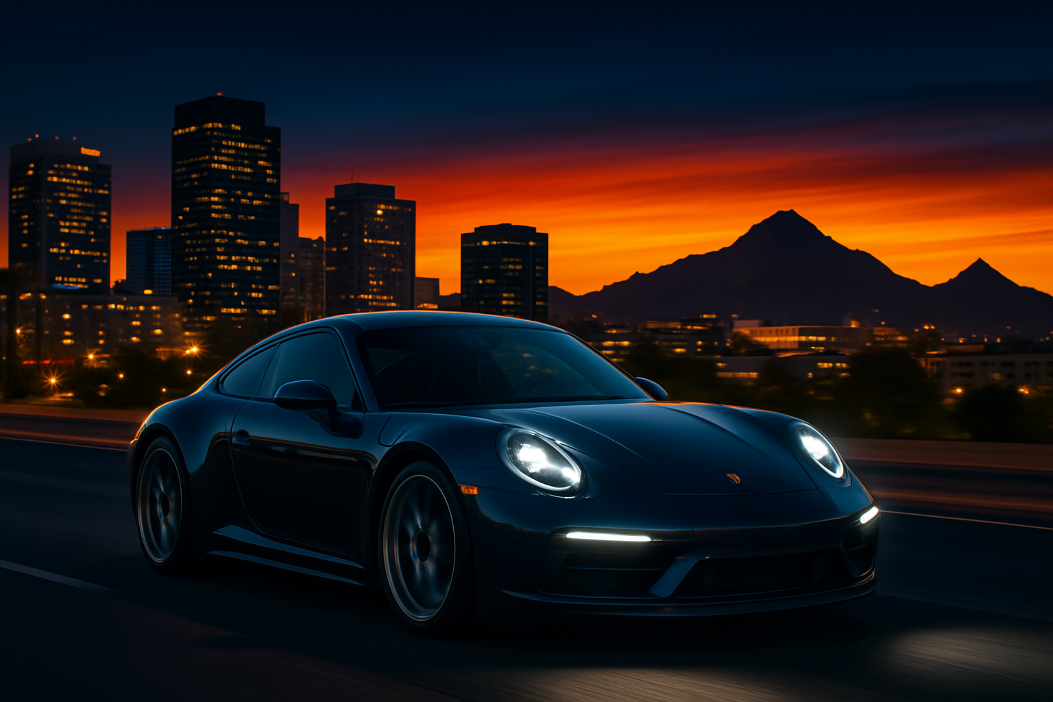 Luxury sports car driving through Phoenix with desert mountains in the background