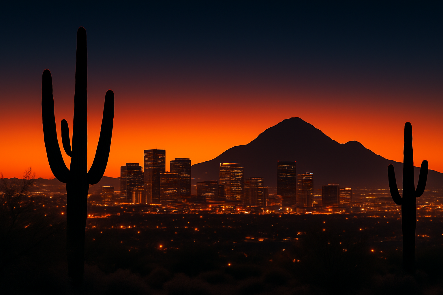 Phoenix skyline at sunset with Camelback Mountain and desert landscape