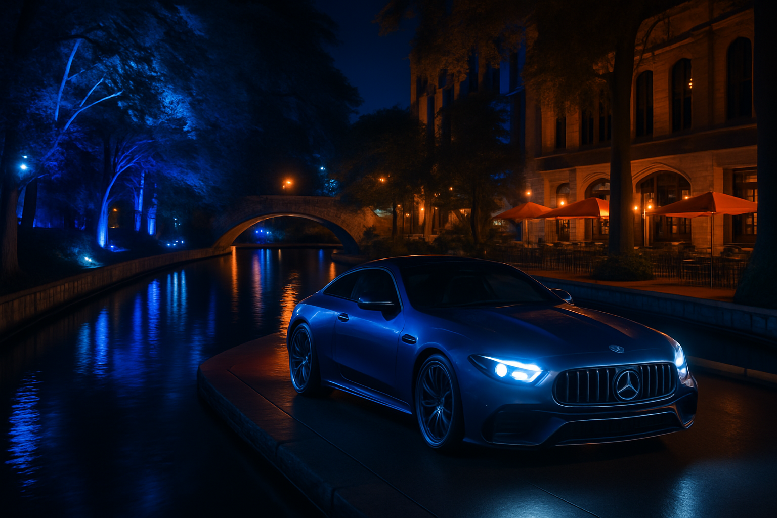 Luxury sports car driving along San Antonio's famous River Walk at night