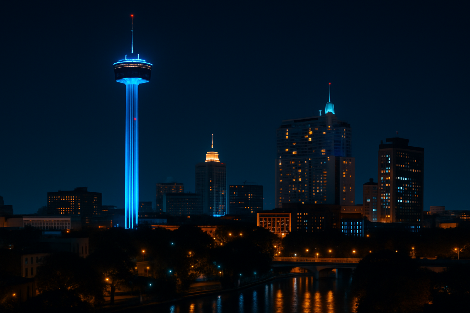 San Antonio skyline at night with the Tower of the Americas illuminated in blue