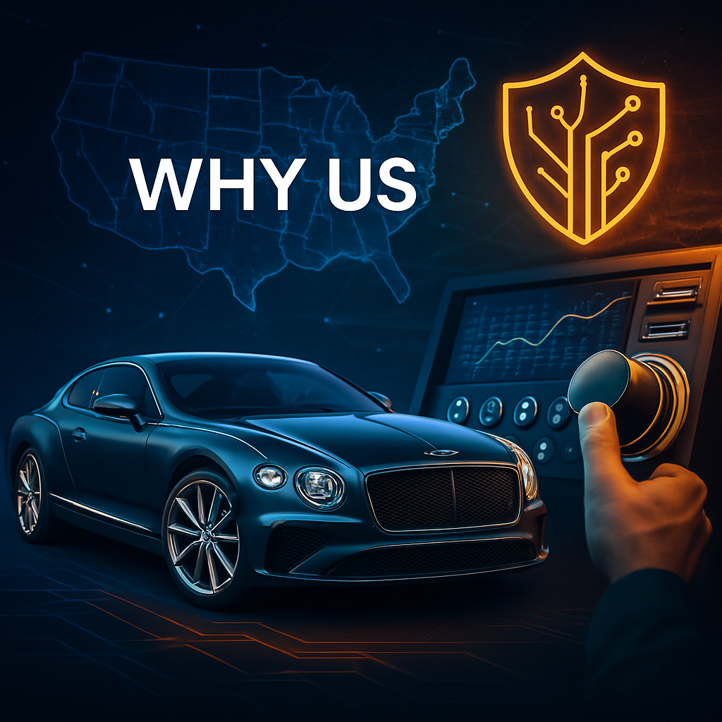 Composite image showing Bentley, tuning equipment, safety shield, and US map